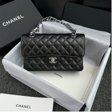 Chanel Classic Flap New Medium Size 23cm Caviar Leather Silver Hardware Shoulder Bag Handbag Purse A1117