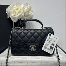 Chanel small Classic Flap with Handle Lambskin Black Silver Hardware Top Handle Shoulder Bag AS2431