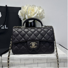 Chanel small Classic Flap with Handle Lambskin Black Gold Hardware Top Handle Shoulder Bag AS2431