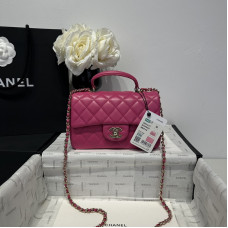 Chanel small Classic Flap with Handle Lambskin Hot Pink Gold Hardware Top Handle Shoulder Bag AS2431