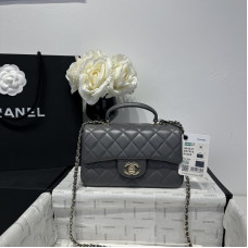 Chanel small Classic Flap with Handle Lambskin Grey Gold Hardware Top Handle Shoulder Bag AS2431