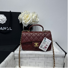 Chanel small Classic Flap with Handle Lambskin Dark Red Gold Hardware Top Handle Shoulder Bag AS2431