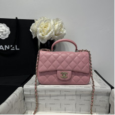 Chanel small Classic Flap with Handle Lambskin Pink Gold Hardware Top Handle Shoulder Bag AS2431