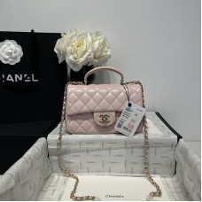 Chanel small Classic Flap with Handle Lambskin Pink Gold Hardware Top Handle Shoulder Bag AS2431