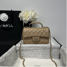 Chanel small Classic Flap with Handle Lambskin Camel Gold Hardware Top Handle Shoulder Bag AS2431