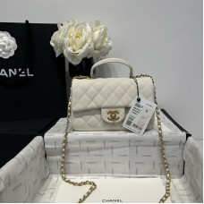 Chanel small Classic Flap with Handle Caviar Leather White Cream Gold Hardware Top Handle Shoulder Bag AS2431